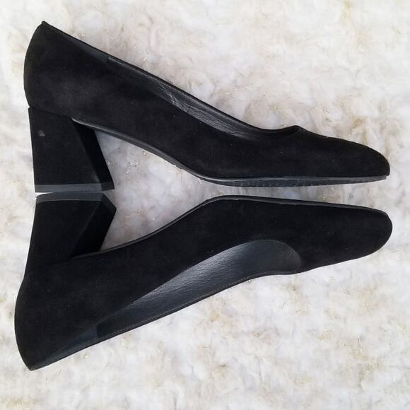 Classic Square Toe Pumps Stuart Weitzman Marymid Size 5 Black Suede Leather Heel - Picture 12 of 13